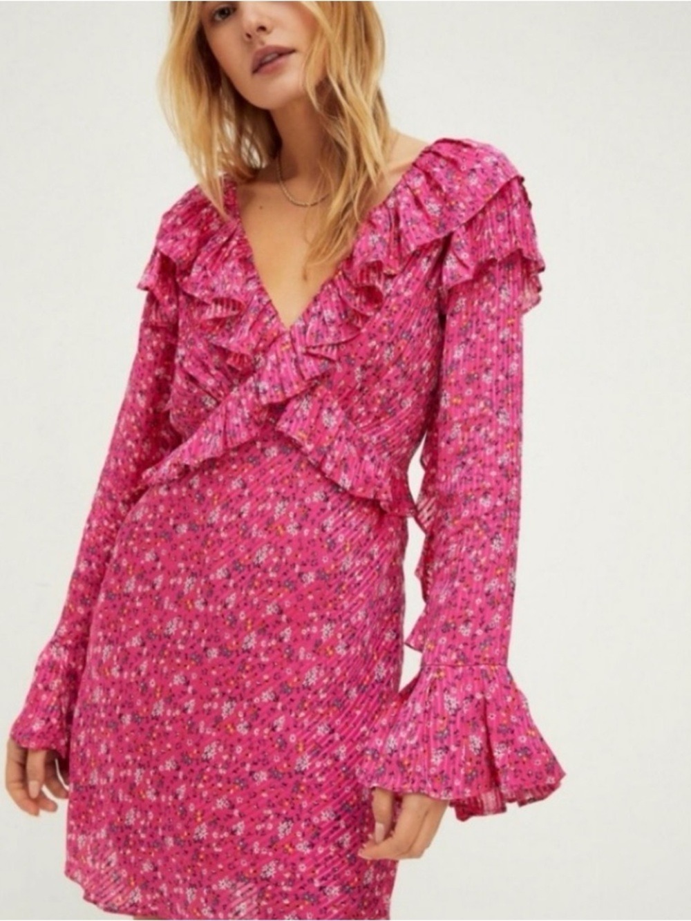 Free People Sweetest Thing Fuchsia Pink Floral Ruffled V-Neck Mini Dress 14 EUC